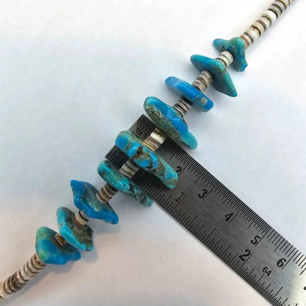 Vintage Natural Nugget Turquoise & Heishi Shell Beaded Chocker Necklace, 15” - Picture 5 of 7